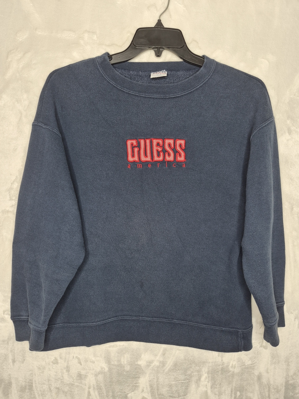 Vintage 90s GUESS USA Embroidered Sweatshirt Navy Blue Mens OSFA 22x25